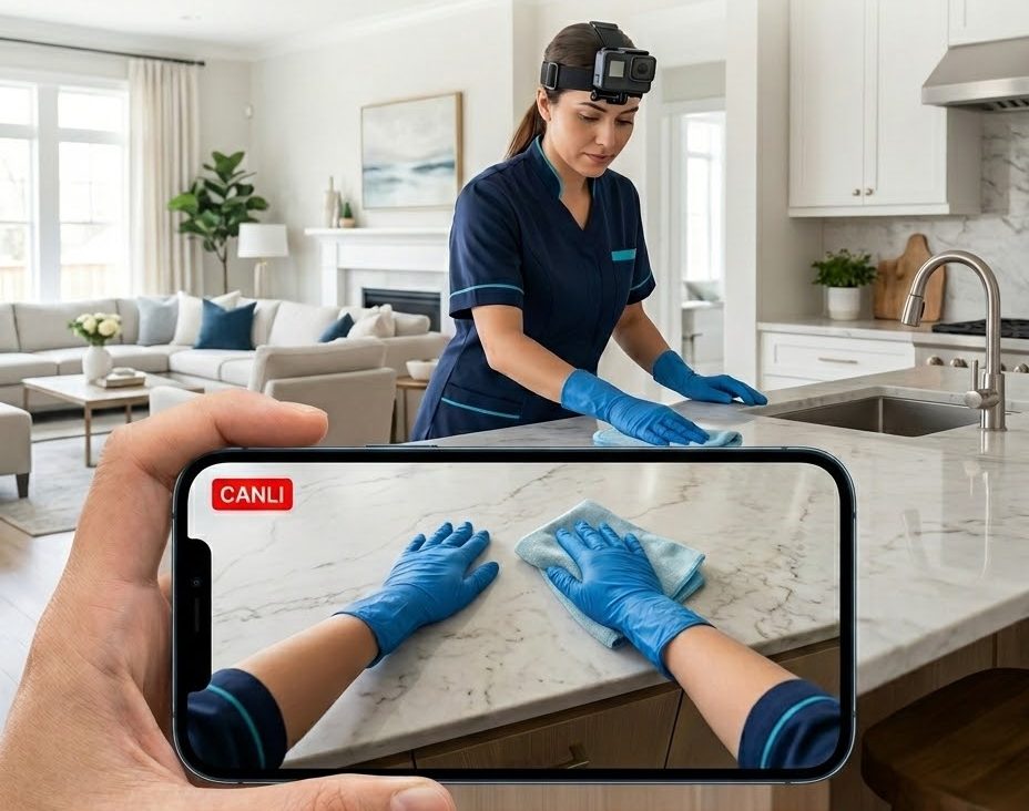 Temizlik görevlisi mutfak tezgahını silerken, müşteri canlı görüntüyü telefonundan izliyor